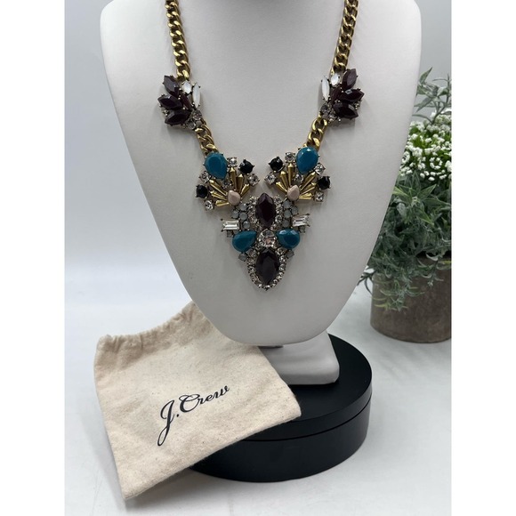 J. Crew Vintage Art Deco Blue Brown Rhinestone Stacked Statement Necklace - Picture 1 of 15
